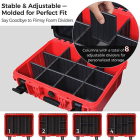 Turokacase Milwaukee battery case interior with eight adjustable dividers keeps items organized.