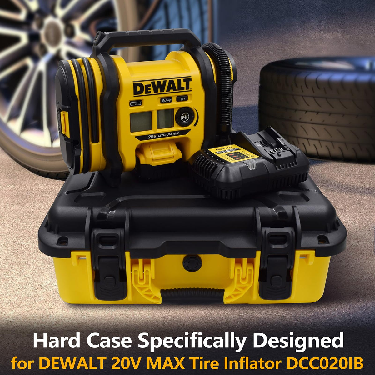 Turokacase waterproof case shields DEWALT inflator from dust and rain.