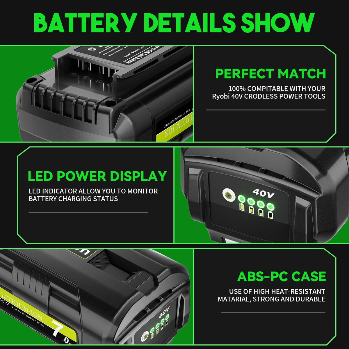TURPOW 40V battery side profile showing compact, rugged design for outdoor use.