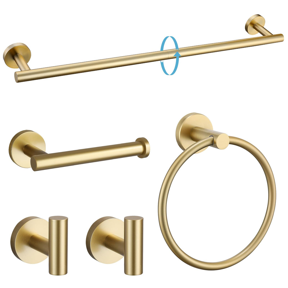 The TURS brushed gold 5-piece bathroom hardware set shown in a modern bathroom styling.