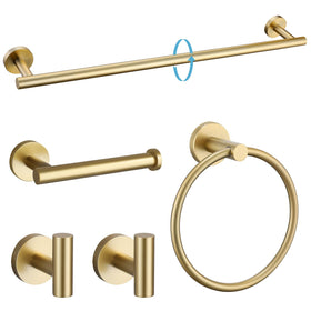 The TURS brushed gold 5-piece bathroom hardware set shown in a modern bathroom styling.