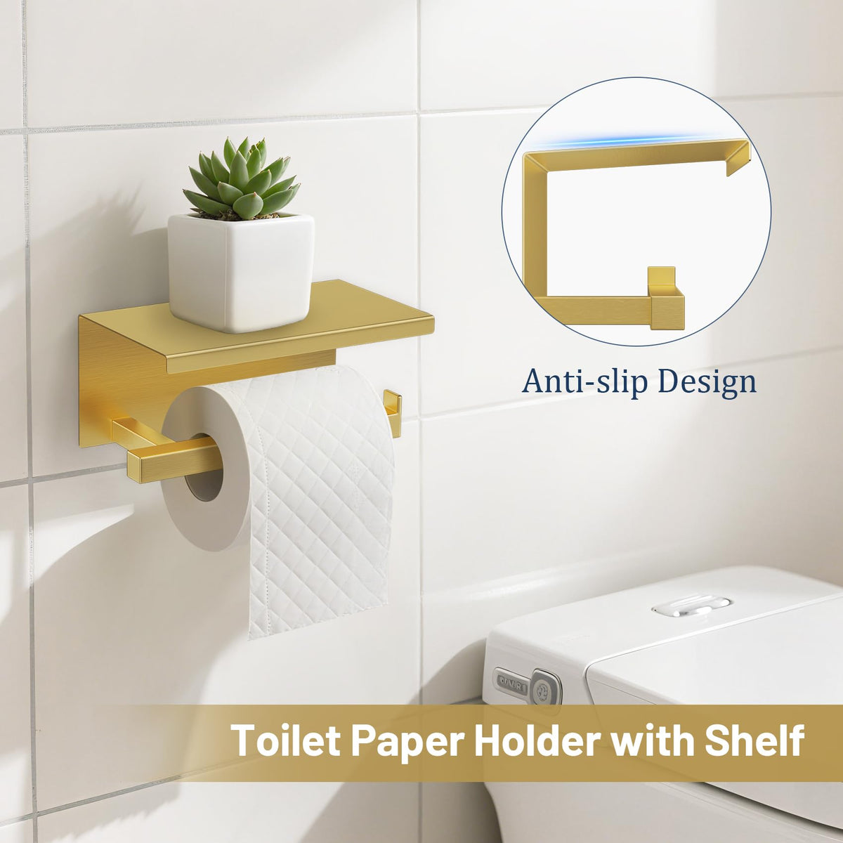 TURS Brushed Gold 5-Piece Set toilet paper holder with shelf keeps essentials handy