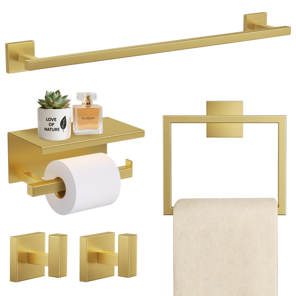 TURS Brushed Gold 5-Piece Set towel bar provides durable towel storage