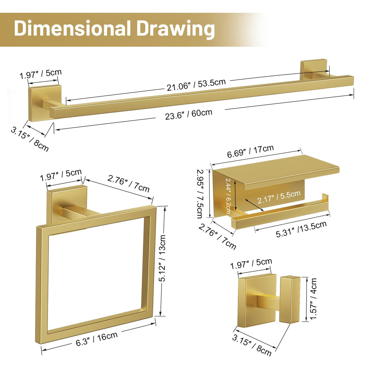 TURS Brushed Gold 5-Piece Set wall-mounted display in modern bathroom