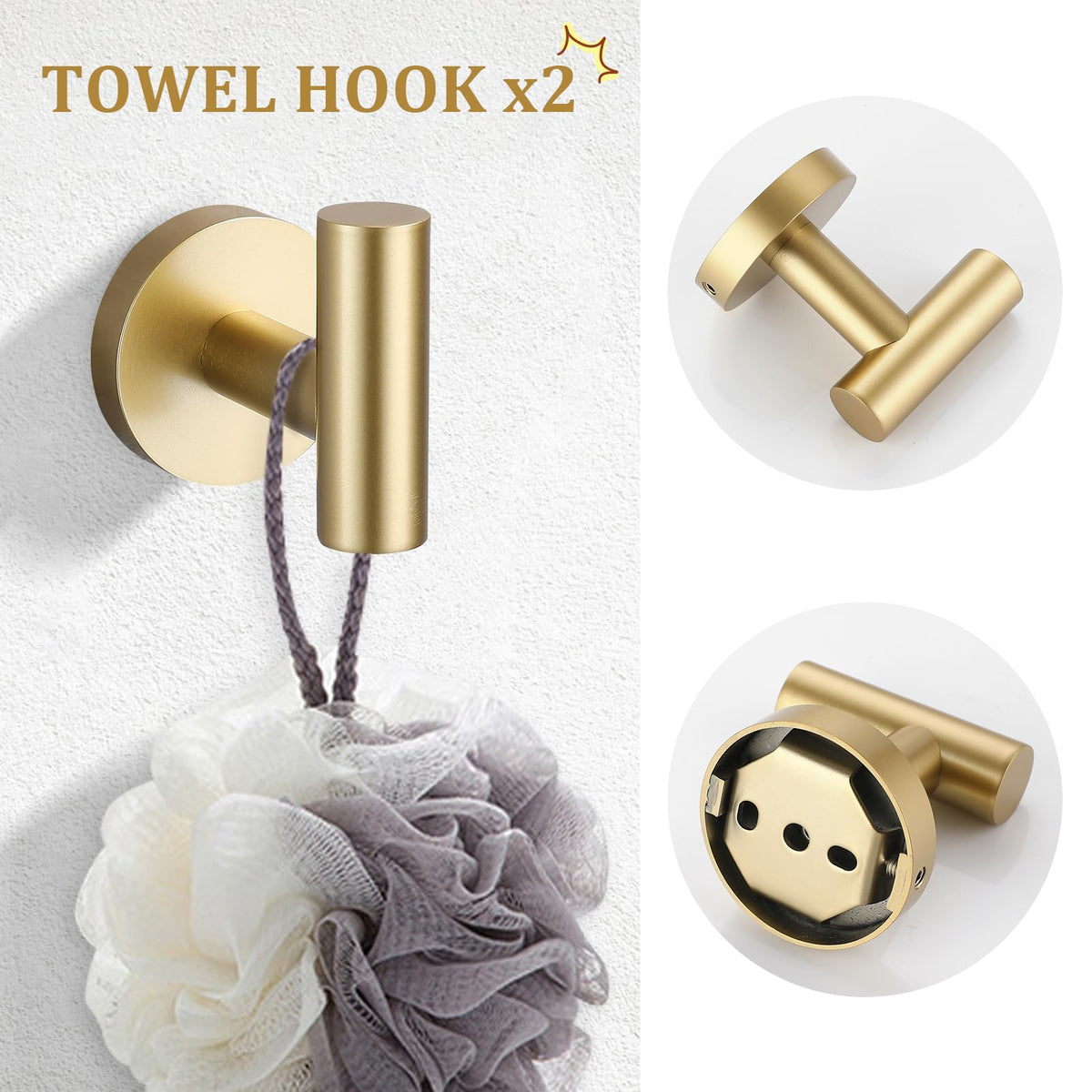 The TURS brushed gold robe hook pair supports towels with stylish wall mounting.