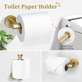The TURS brushed gold toilet paper holder provides convenient roll access.