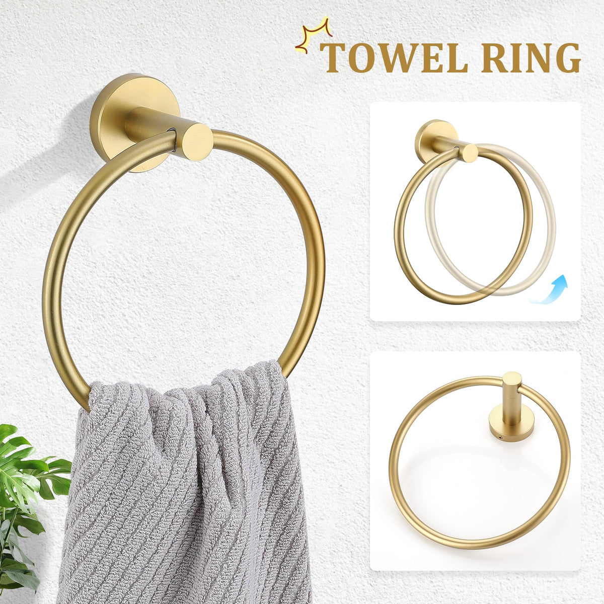 The TURS brushed gold towel ring offering compact towel organization.