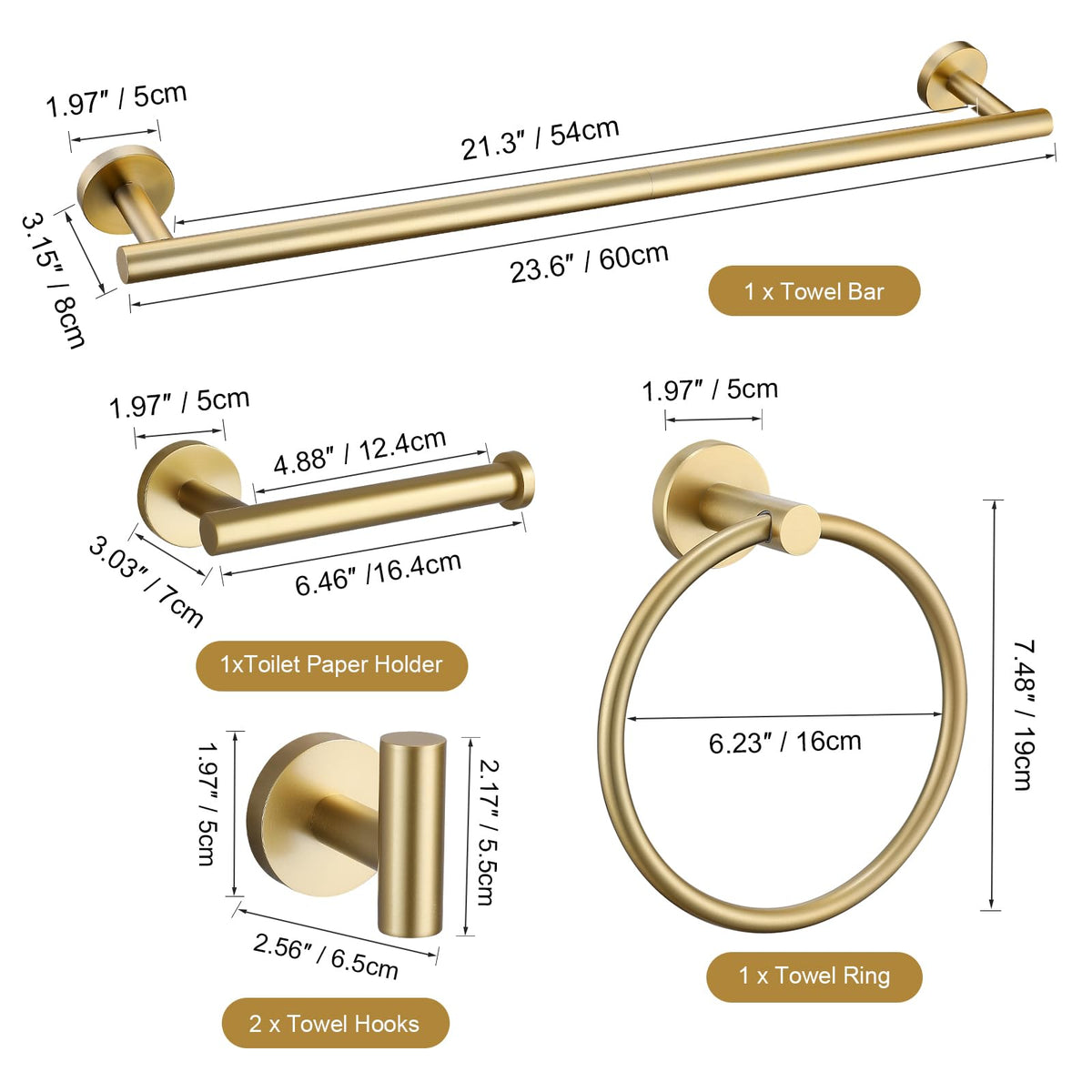 Wall-mount installation view of the TURS brushed gold hardware setup for sturdy support.