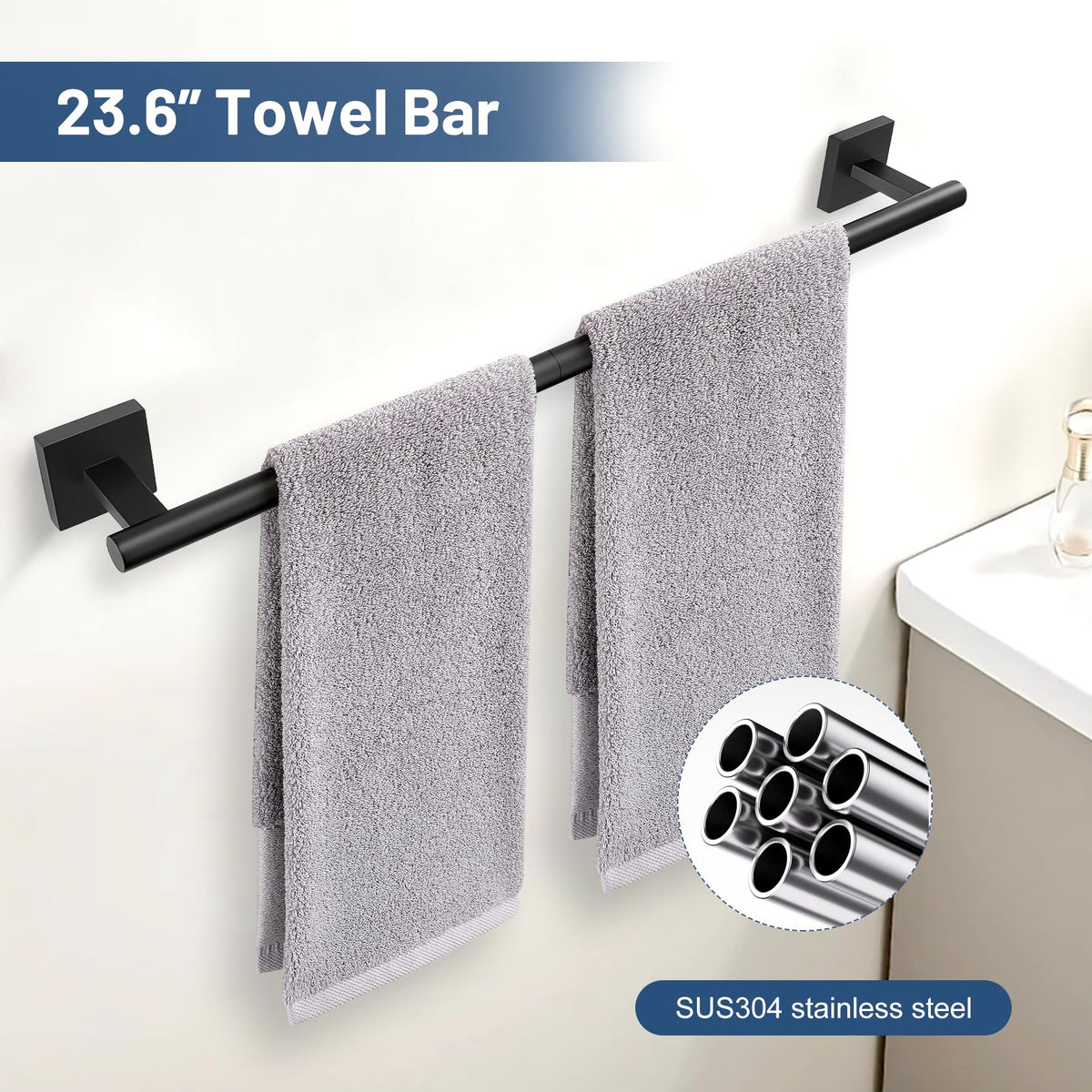 TURS matte black towel ring keeps towels neatly within reach.