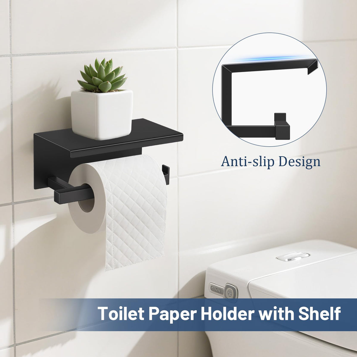 TURS toilet paper holder with shelf in matte black for convenient storage.