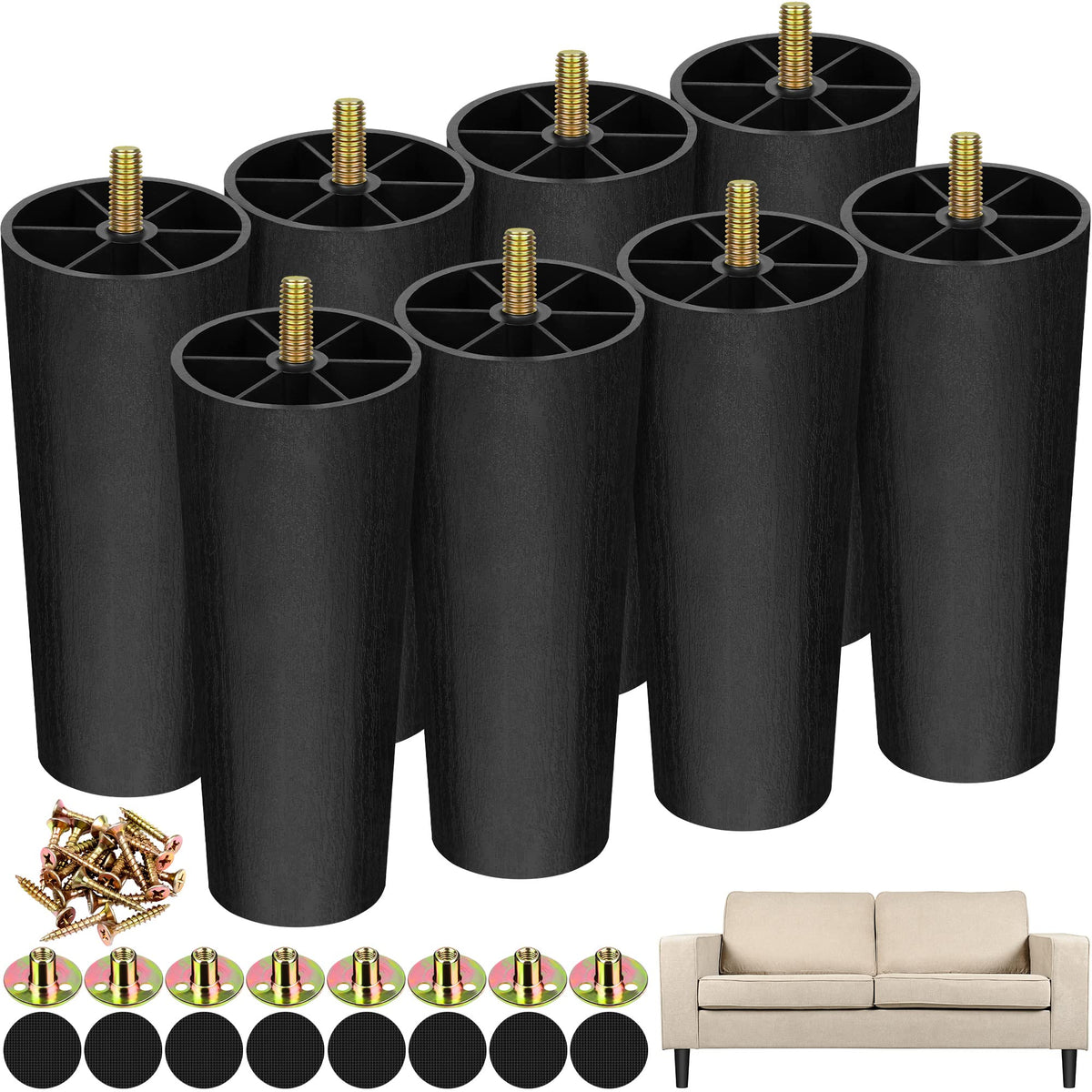 Turstin 8-pack six-inch plastic furniture legs for quick upgrades and stability.