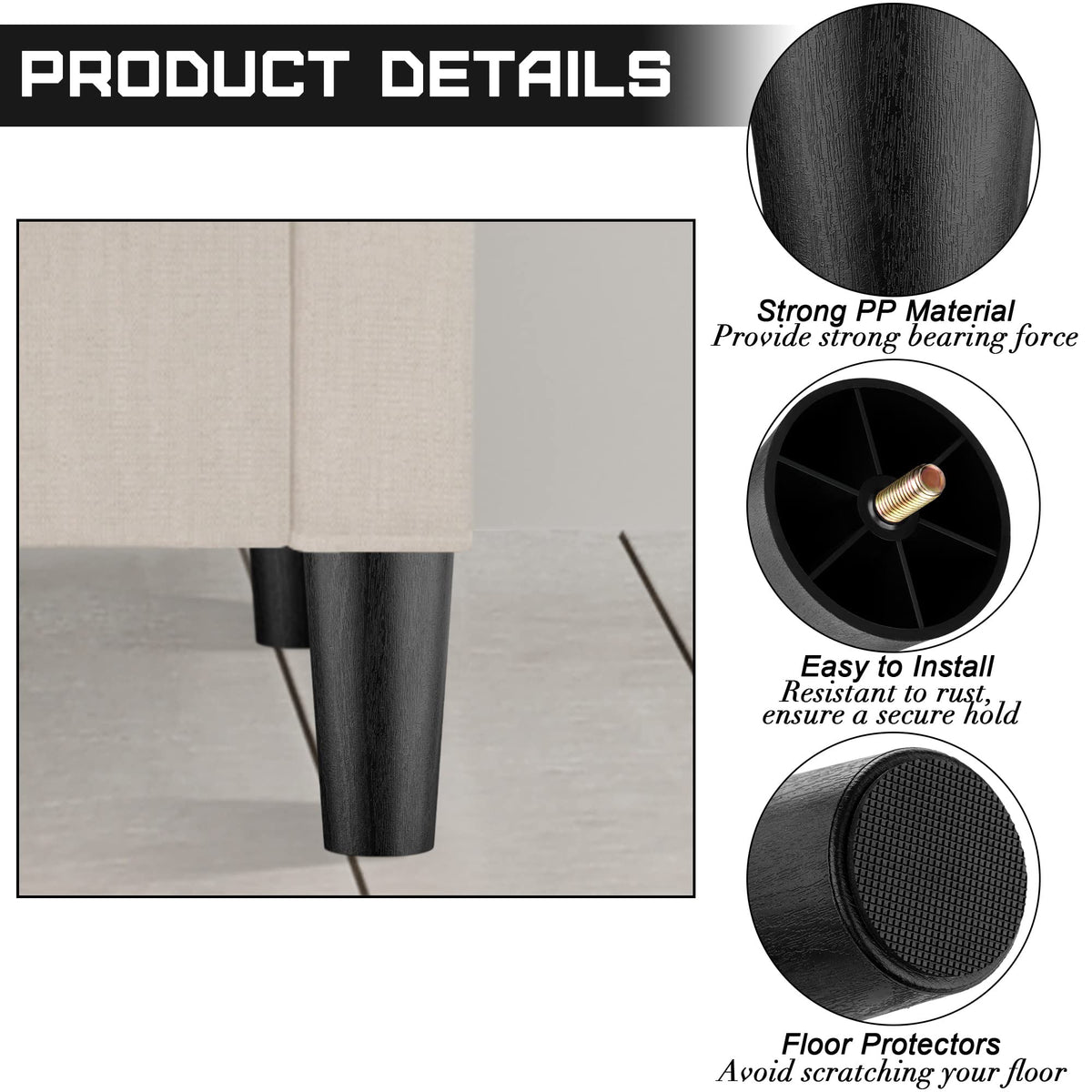 Turstin durable iron three-hole T-nuts for strong leg support.