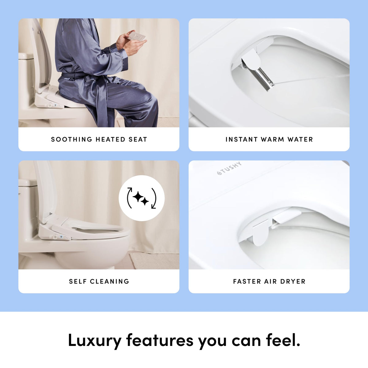 TUSHY Cloud+ integrated night light softly illuminates the bathroom.