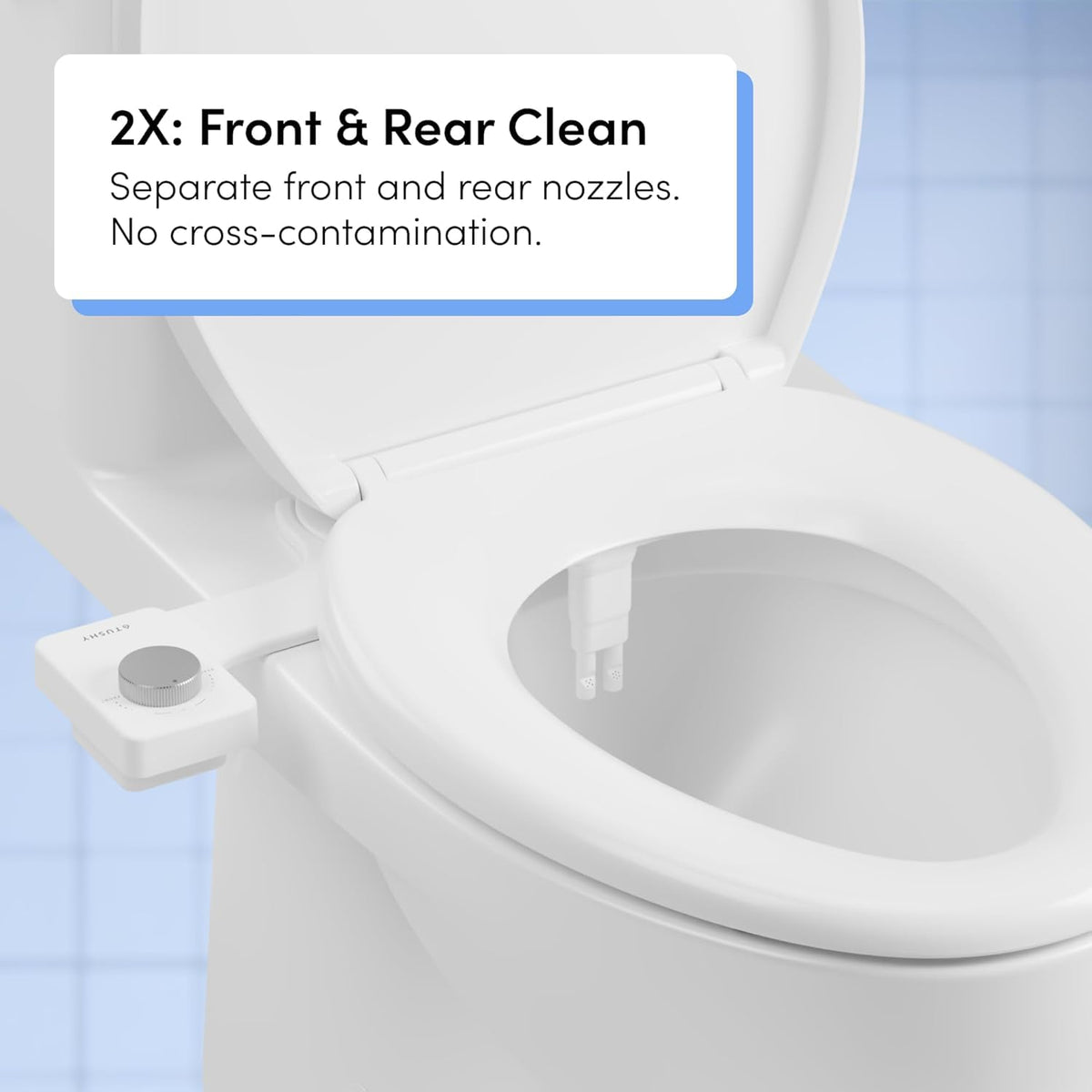 TUSHY Fresh Dual Nozzle self-cleaning nozzles maintain hygiene.