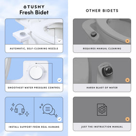 TUSHY Non-Electric Self-Cleaning Nozzle provides hygienic rinse with auto-clean feature.