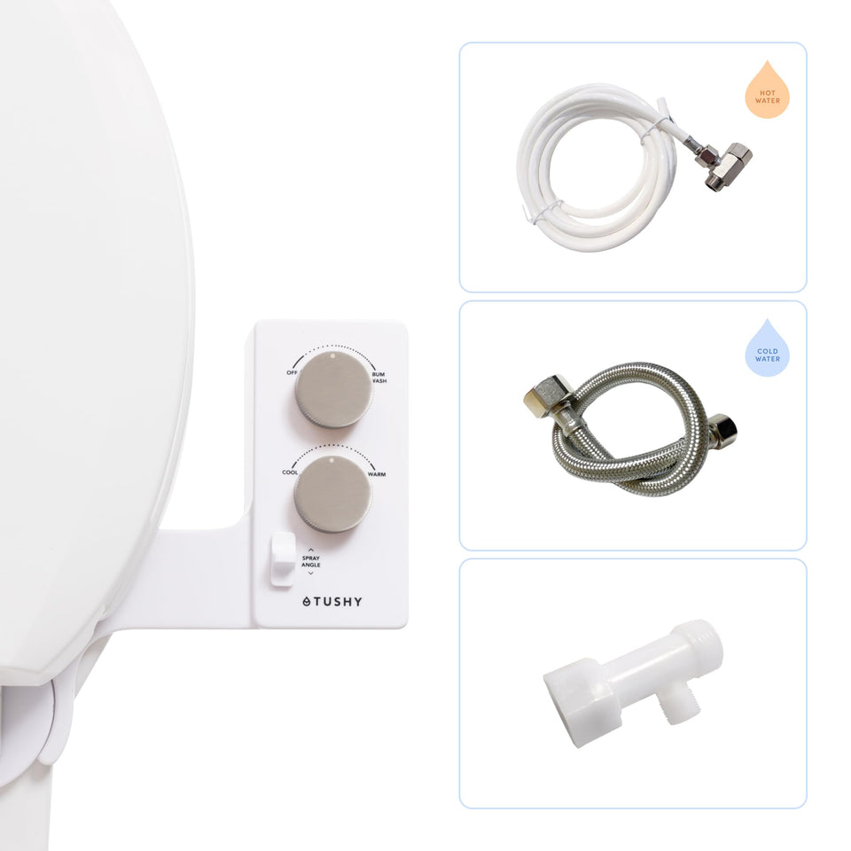 TUSHY Spa bidet near sink demonstrates universal fit for easy installation.