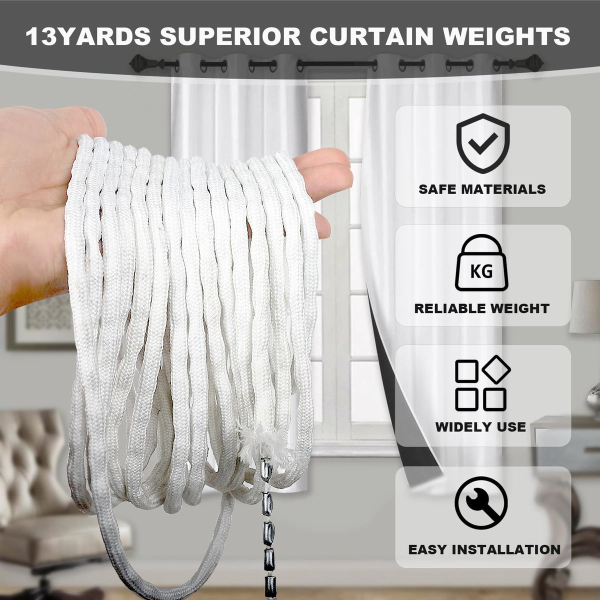 Tusirgre easy-install curtain weights rope for bottom or side hems.