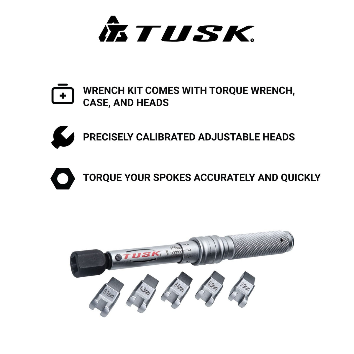 TUSK Spoke Torque Wrench Kit 6.6mm head enabling mid-size nipple compatibility
