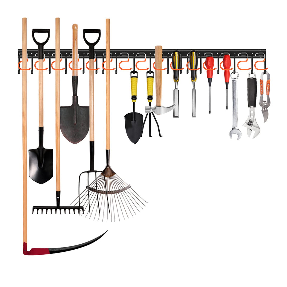 TVKB all-metal garden tool organizer backboard keeps tools supported on the wall.