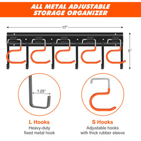 TVKB wall-mount garage organizer with assembled hooks ready to install.