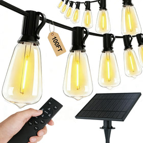 TW SHINE 100 ft solar string lights provide a warm outdoor glow for patios and gardens