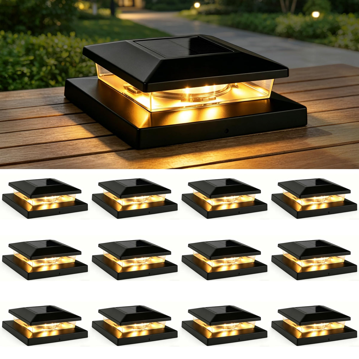 TW SHINE solar post cap light on a deck with a warm, inviting glow.