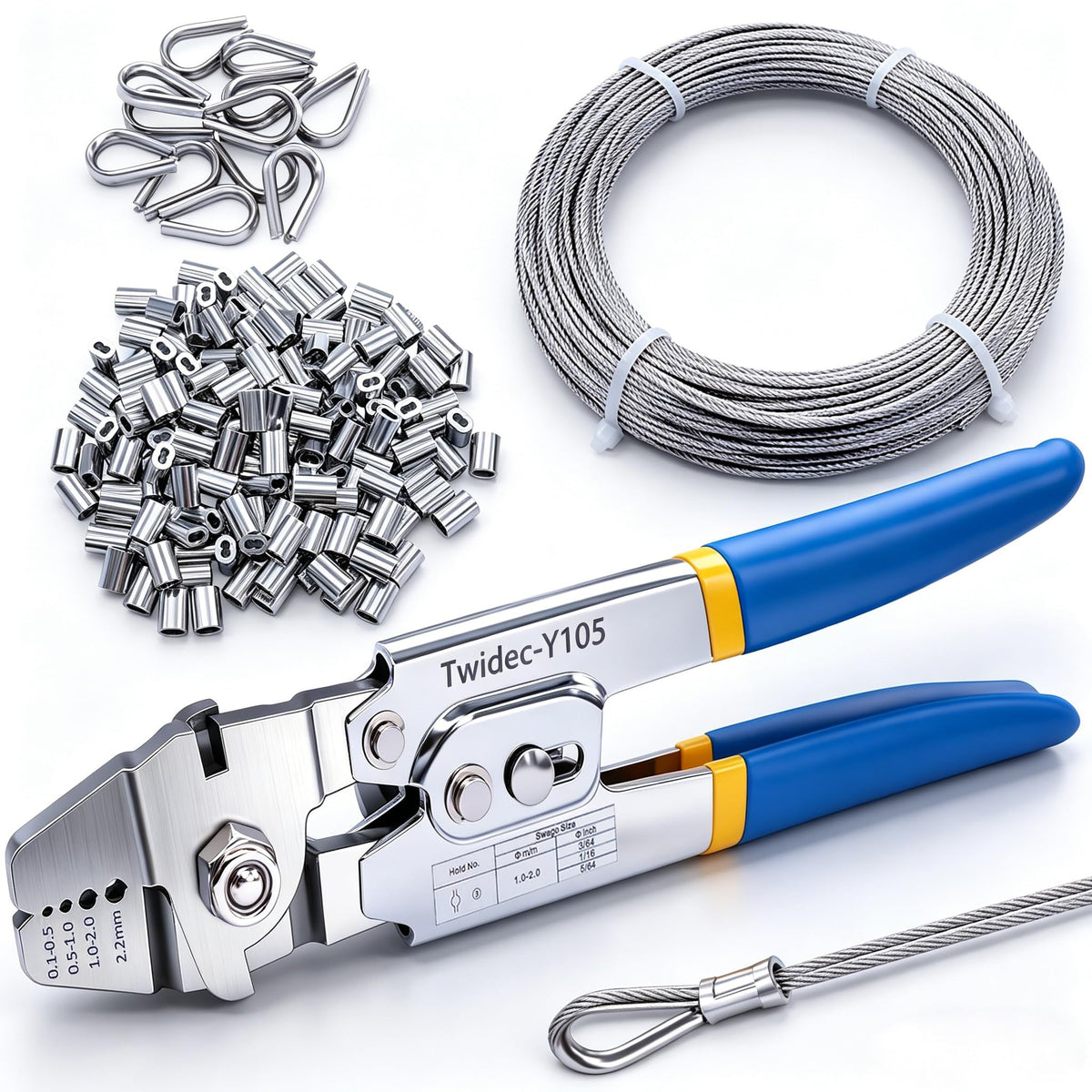 Twidec wire rope crimping tool with 2.2mm swage capability for precise work.