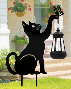 Twinbling black cat yard light stake with butterfly for charming evening ambiance.