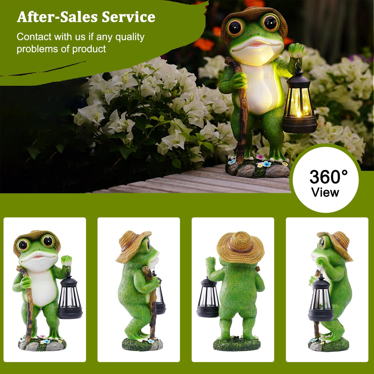 Twinbling frog garden figurine on patio adds gentle illumination.