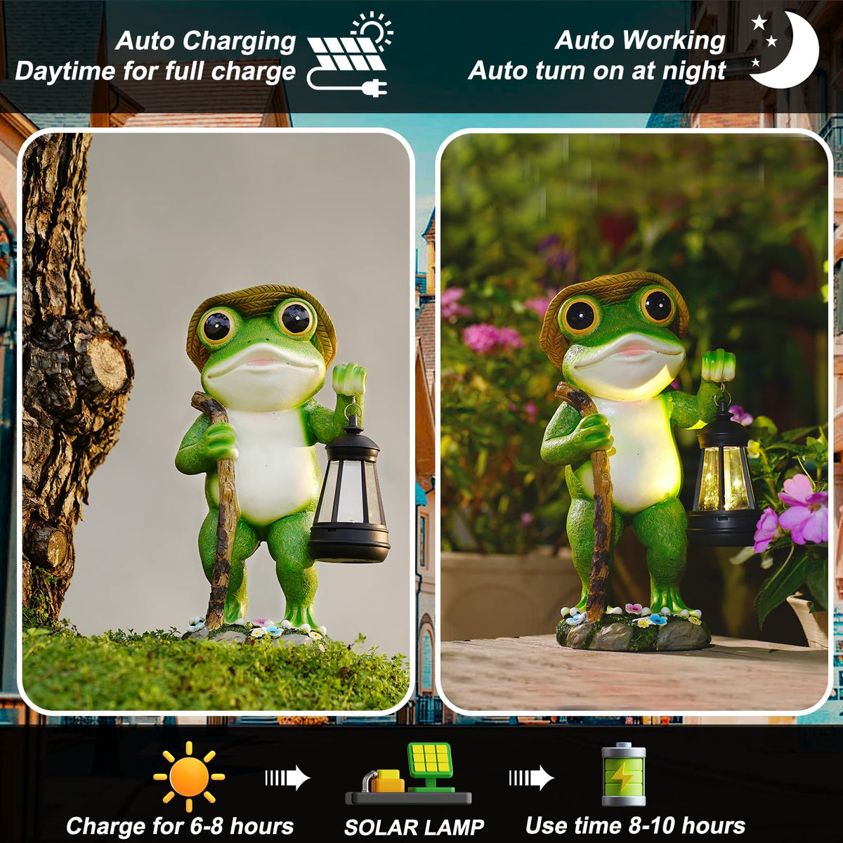 Twinbling frog yard sculpture brightens lawns with a warm glow.