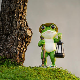 Twinbling porch frog decor complements outdoor seating with charm.