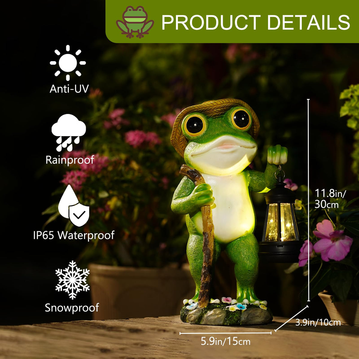 Twinbling solar-powered frog light provides dusk-to-night ambiance.