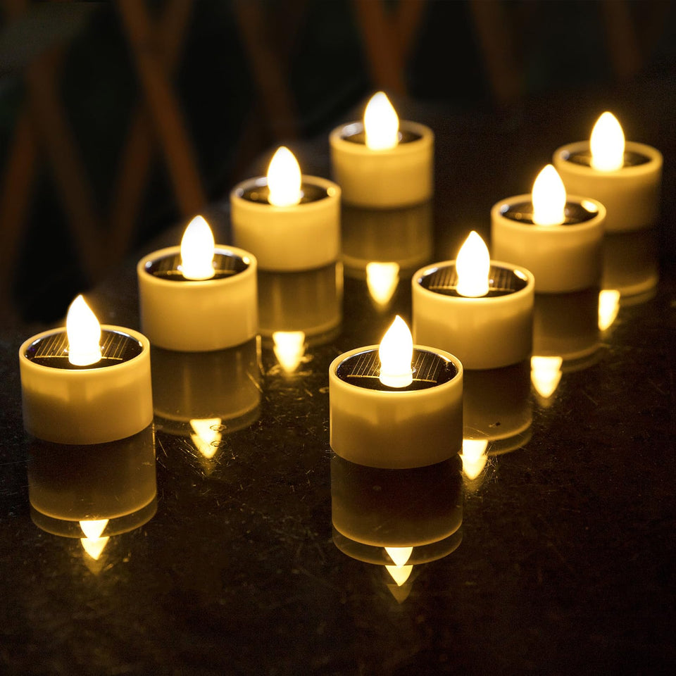 TWINKVILLA solar tea lights outdoors provide warm ambience without flame.