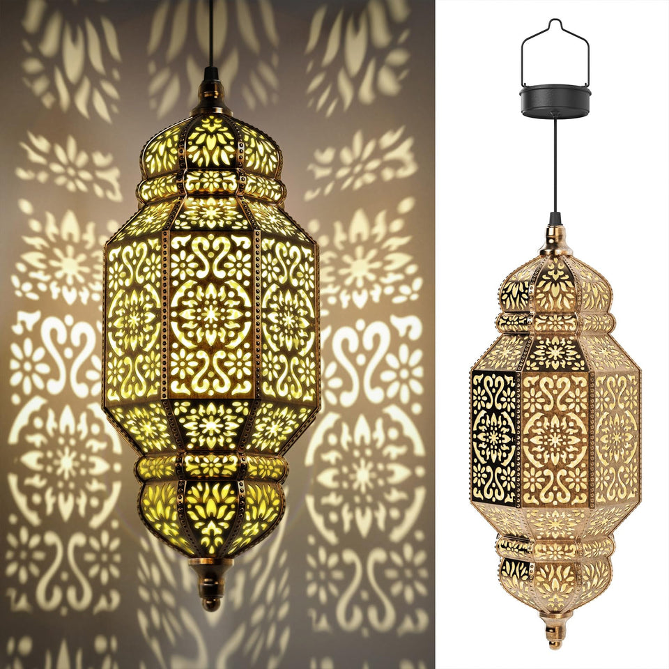 Twinkya 18-inch hanging solar lantern with decorative pattern for outdoor spaces