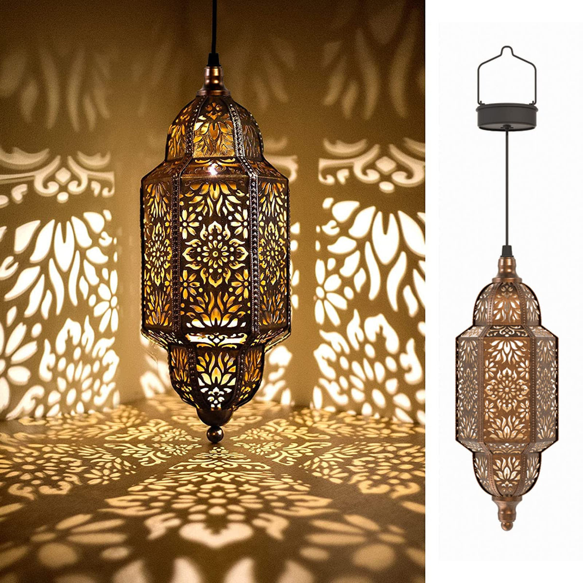 Twinkya hanging solar lantern with Moroccan gold pattern for patio ambiance.