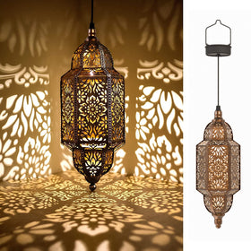 Twinkya hanging solar lantern with Moroccan gold pattern for patio ambiance.