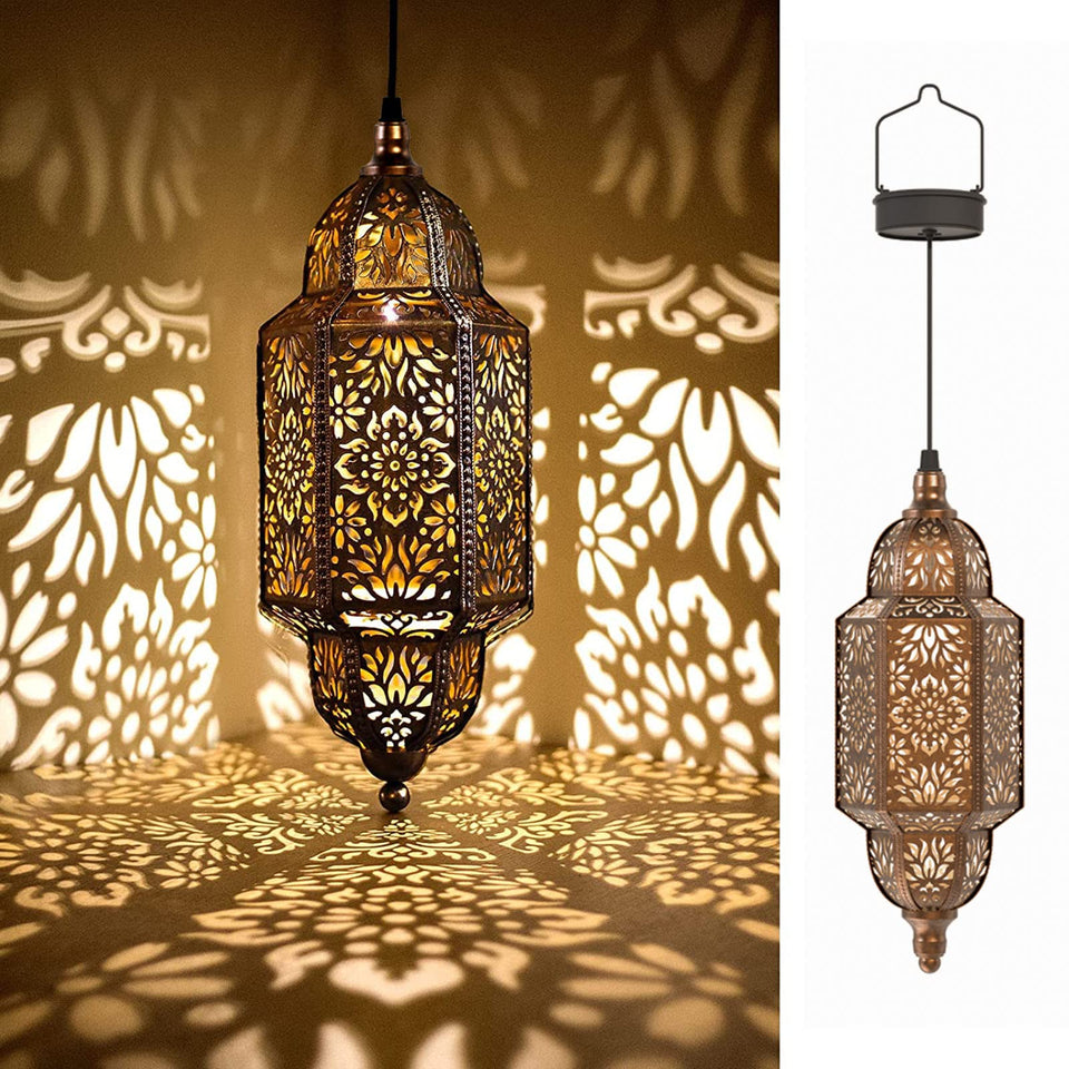 Twinkya hanging solar lantern with Moroccan gold pattern for patio ambiance.