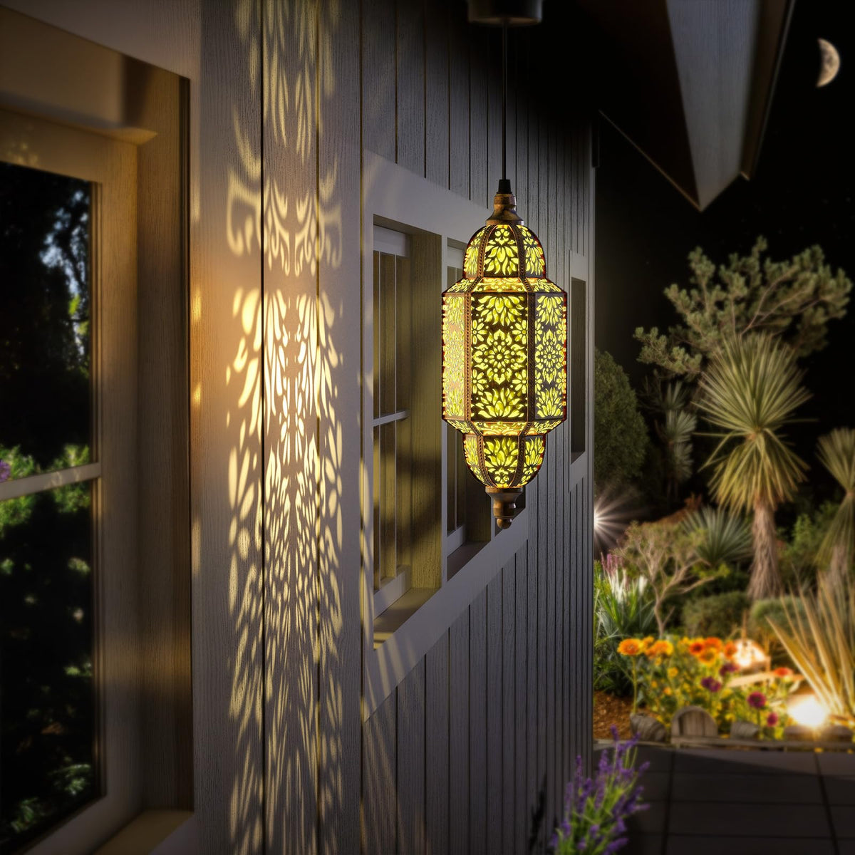 Twinkya Moroccan lantern gold hanging decor creates warm gatherings outdoors.