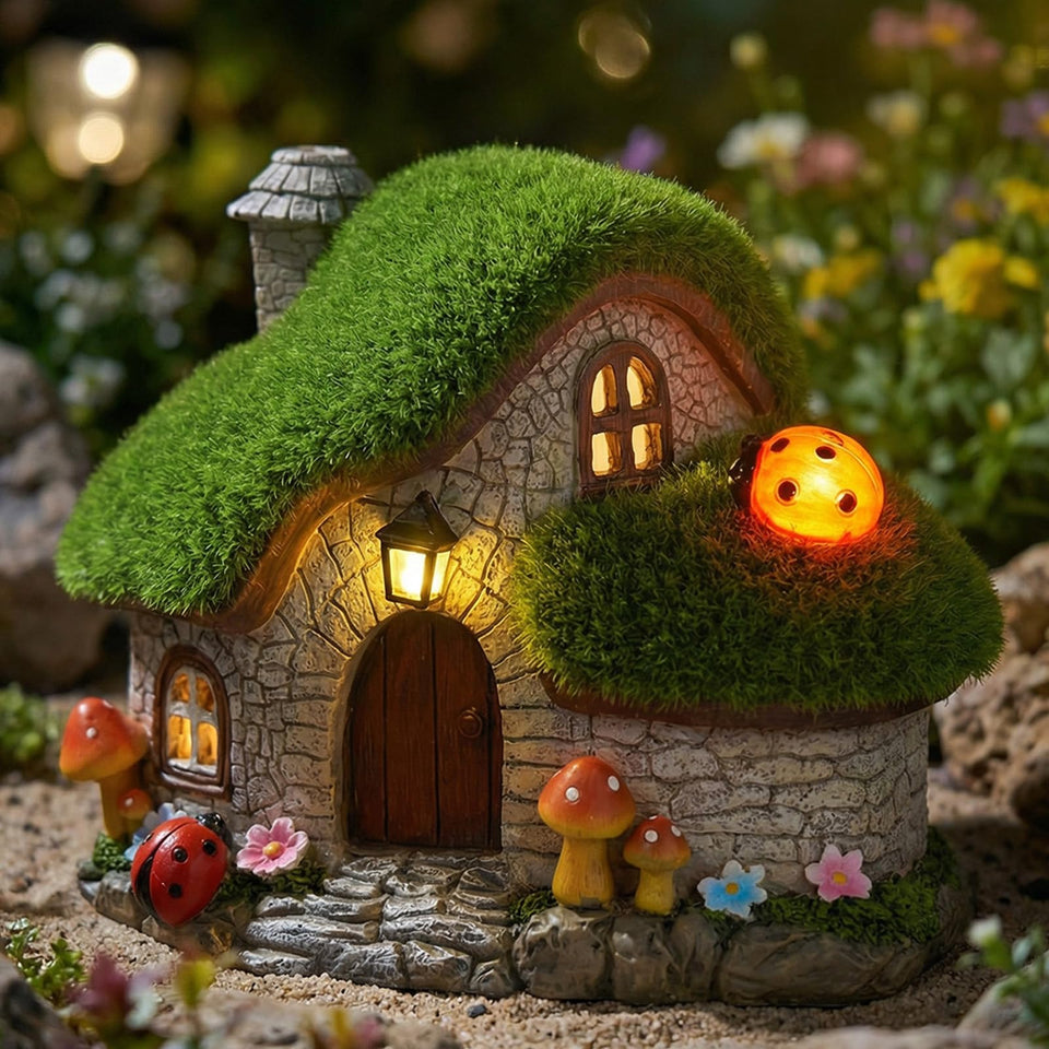 Twinkya solar fairy garden house with roof ladybug light enhances evening curb appeal