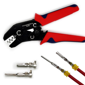 Twippo crimping tool with ratchet showing consistent crimps for reliable connections.