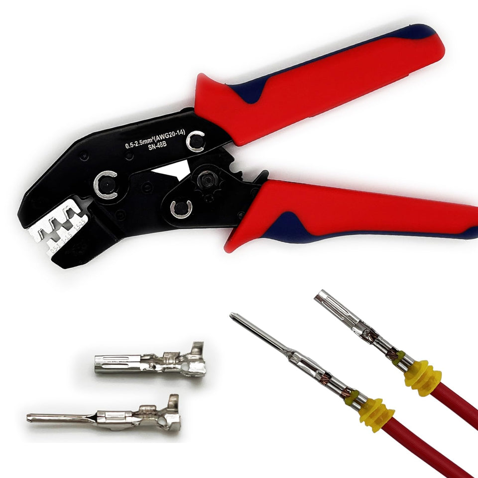 Twippo crimping tool with ratchet showing consistent crimps for reliable connections.