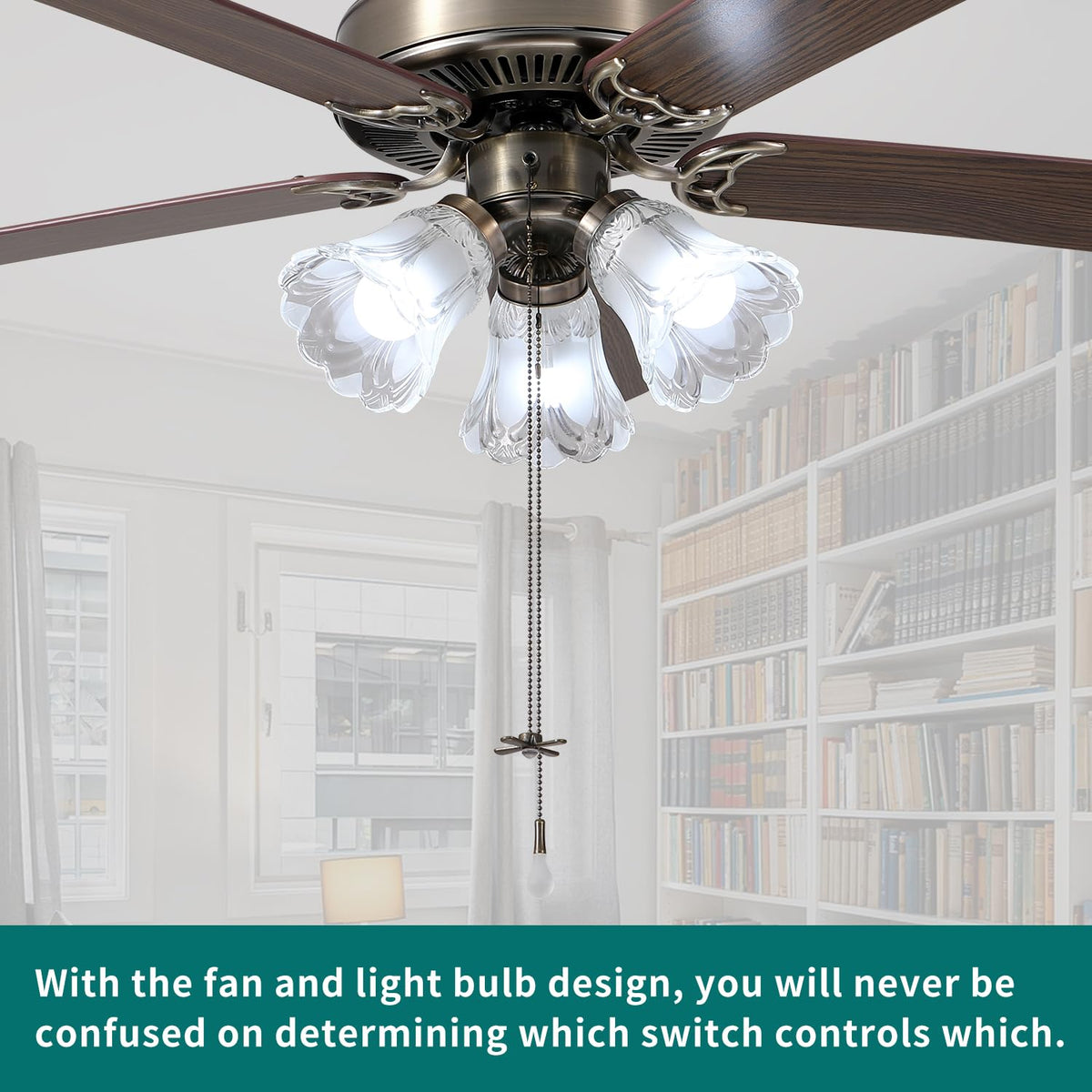 TWLITE antique finish ceiling fan enhances room ambiance with timeless style.