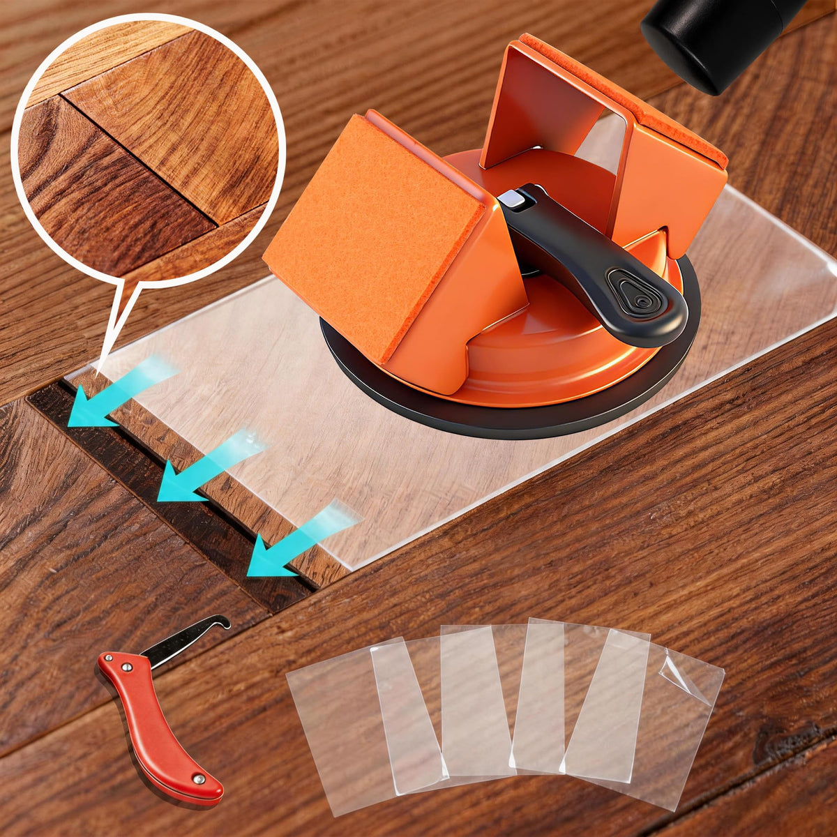 Twostubir floor gap fixer with 45-degree strike for precise plank alignment