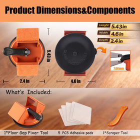 Twostubir suction cup tool grips smooth floors during gap repair