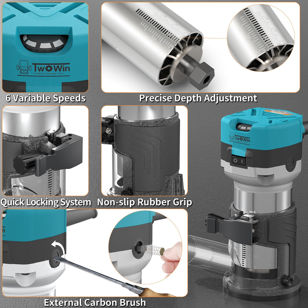 TwoWin TWOWIN Router Tool accepts 6mm/6.35mm/8mm collets for flexibility.