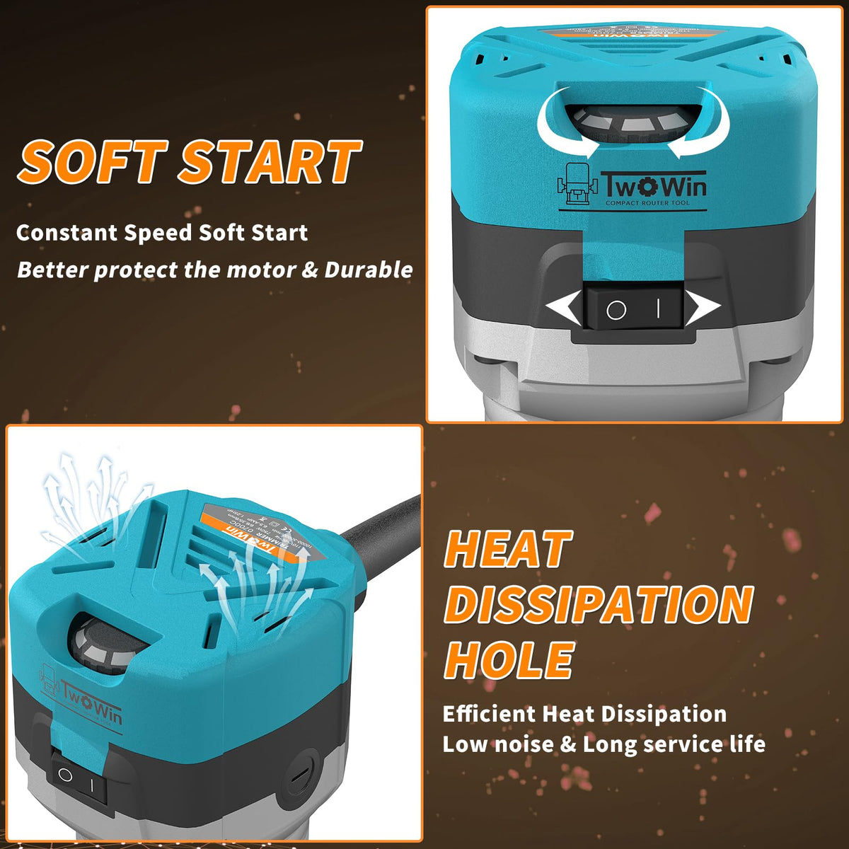 TwoWin TWOWIN Router Tool integrated dust hood keeps workspace cleaner.