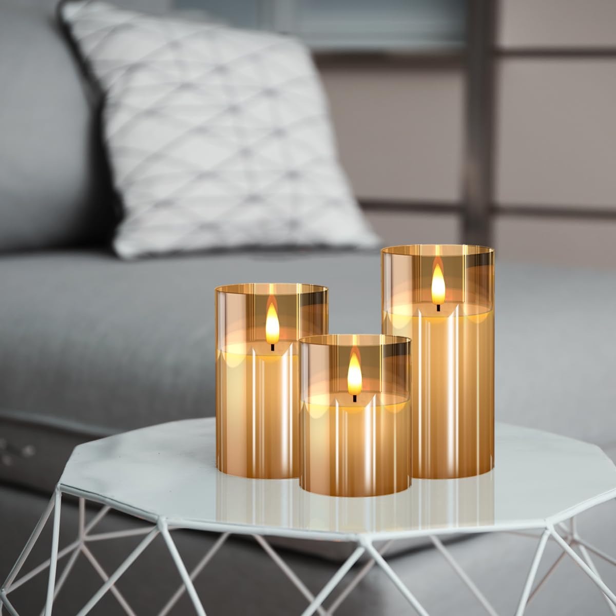 Tyawon flameless candle on dining table enhances intimate ambience.