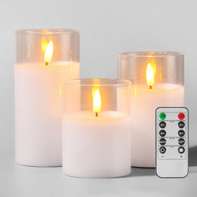Tyawon glass LED candle 3x4 clear housing emits cozy warm ambience.