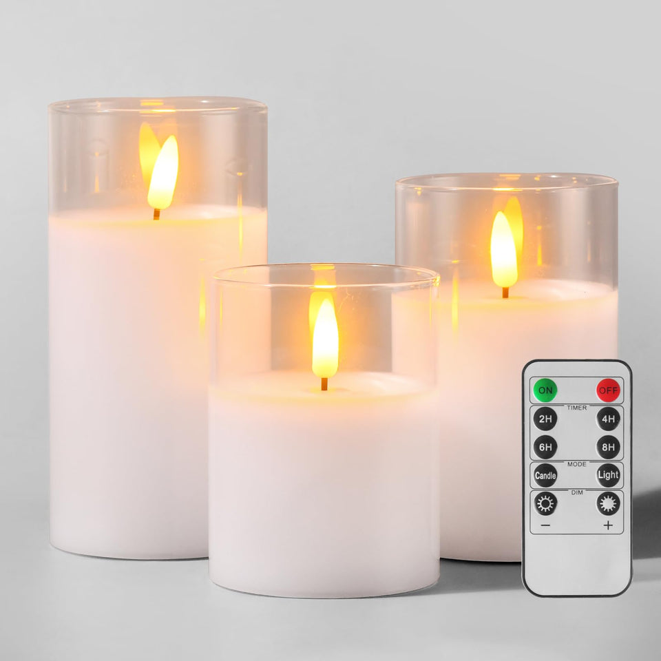 Tyawon glass LED candle 3x4 clear housing emits cozy warm ambience.