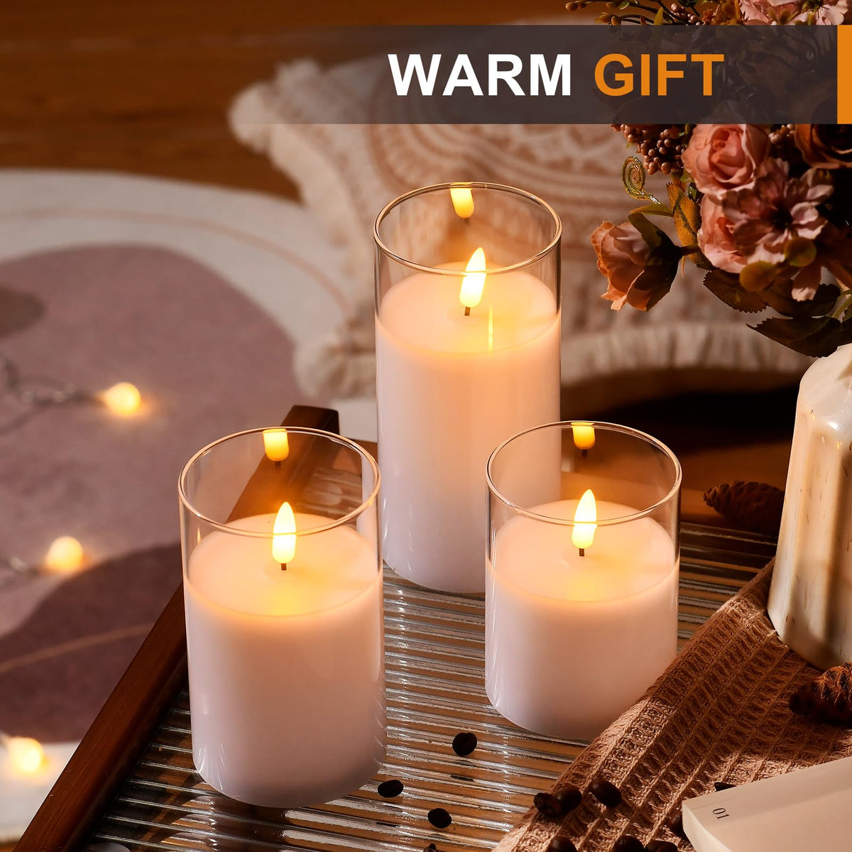 Tyawon packaging shows three glass flameless candles ready for gifting.